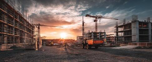 The construction site at sunset with cranes and workers collaborating. photo