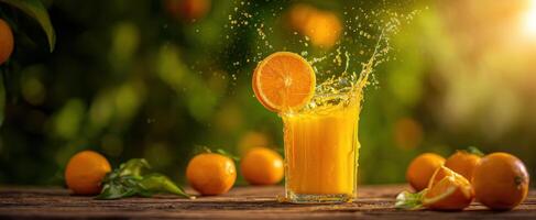 The vibrant orange juice splashing from a glass surrounded by fresh fruits. photo