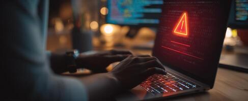 The laptop displaying a cybersecurity alert in a modern workspace. photo