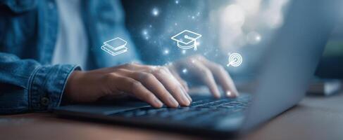 The laptop showcasing educational icons to represent online learning advancements. photo