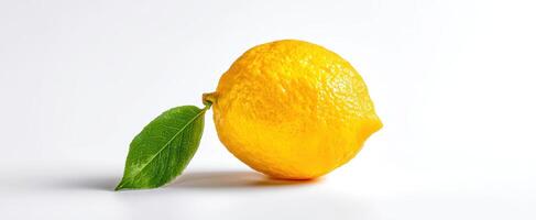 The vibrant lemon with a green leaf on a clean white background. photo