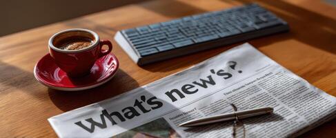The coffee cup and newspaper on a modern workspace desk setting. photo