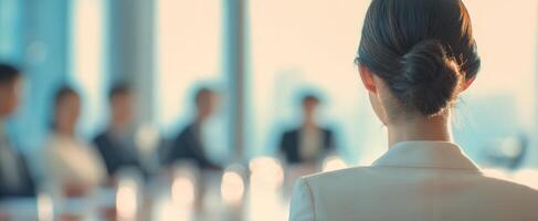 The professional woman leading a captivating business meeting with a focused audience. photo