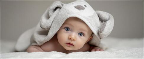 The adorable baby wrapped in a fluffy animal hoodie on a soft surface. photo