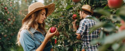 The woman picking apples in a sunny orchard with a smiling companion. photo