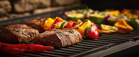 The grilled steaks and colorful vegetables on a barbecue grill. photo