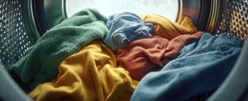 The colorful display of freshly washed clothes inside a washing machine. photo