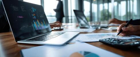 The laptop showcasing data analytics during a corporate meeting discussion. photo