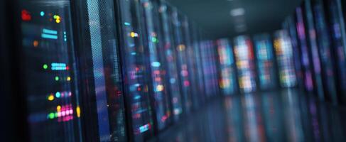 The advanced data center showcasing illuminated server racks in a modern environment. photo