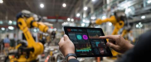 The tablet displaying real-time data in a modern manufacturing environment. photo
