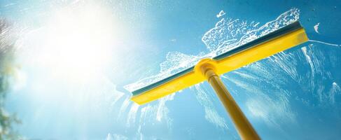 The Squeegee Reflects Bright Sunlight While Cleaning a Window Surface. photo