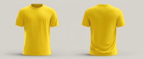 The vibrant yellow t-shirt displayed from front and back perspectives. photo