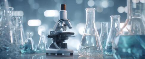The modern microscope surrounded by laboratory glassware and liquids. photo