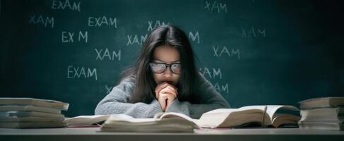 The focused student studying hard in preparation for an important exam. photo