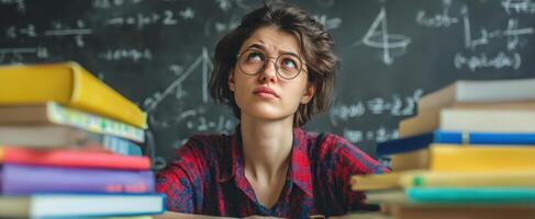 The thoughtful student surrounded by books in a math classroom setting. photo