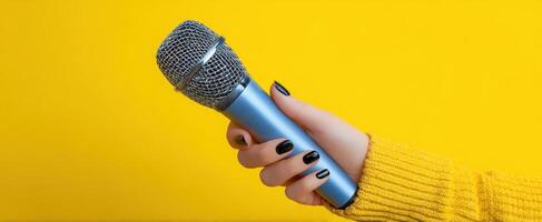 The microphone held confidently in a stylish hand against a vibrant yellow background. photo