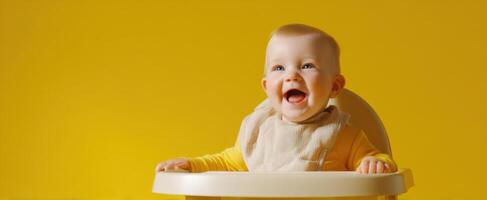 The joyful baby sitting happily in a high chair against a vibrant yellow background. photo