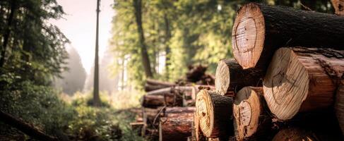 The Stacked Logs Enhancing A Peaceful Forest Scene At Dawn photo