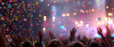 The vibrant celebration of joy with hands raised and confetti flying. photo