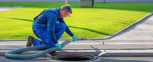 The worker performing maintenance on a sewer system during a sunny day. photo