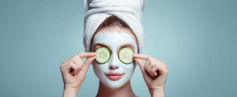 The woman enjoying a skincare treatment with a cucumber facial mask. photo