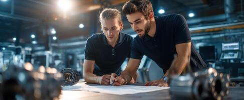The engineers analyzing project plans and discussing designs in an industrial workspace. photo