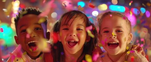The joyful children celebrating together amidst colorful confetti at a vibrant party. photo