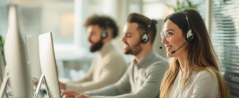 The vibrant workspace of a dynamic call center team enhancing customer experience. photo