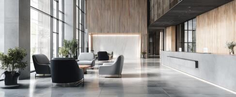 The modern lobby with elegant furniture and large glass windows. photo
