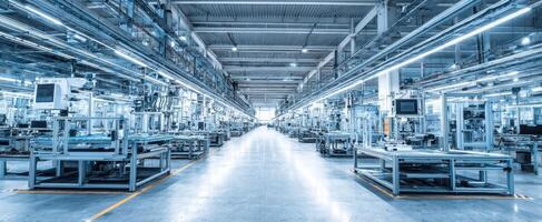 The expansive factory floor showcases modern machinery and automation systems. photo