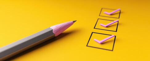 The checklist and pencil on a vibrant yellow background for productivity. photo