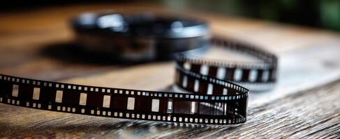The vintage film reel creating a nostalgic atmosphere on a wooden surface. photo