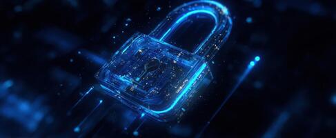 The blue digital padlock symbolizing cybersecurity and data protection. photo