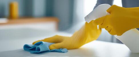 The effective cleaning process with yellow gloves and a spray bottle photo