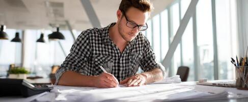 The focused man sketching architectural designs in a modern office workspace. photo