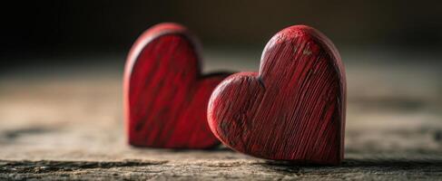 The beautiful wooden hearts symbolizing love and connection on a rustic background. photo