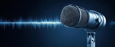 The microphone standing before a vibrant audio wave on a dark background. photo