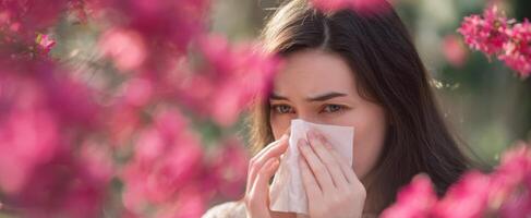 The woman experiencing allergies amidst beautiful blooming flowers in spring. photo