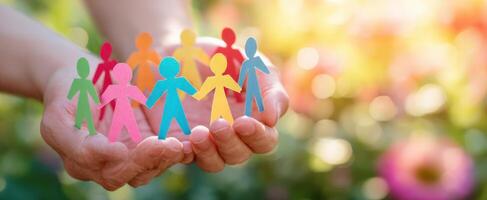The Hands Supporting Colorful Paper People in a Garden of Togetherness photo