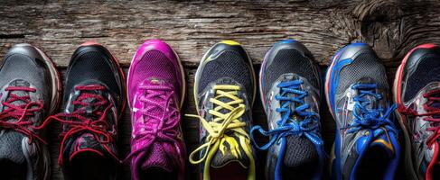 The vibrant collection of athletic shoes arranged on rustic wooden surface photo