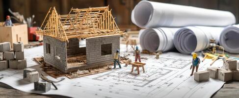 The miniature construction site showcasing building plans and artisans at work. photo