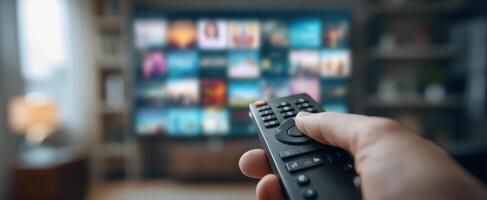 The remote control in hand ready to select a show on the television screen. photo