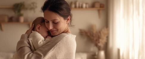 The mother embracing her baby in a serene home environment. photo