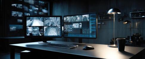 The high-tech surveillance desk with dual monitors and a modern design. photo