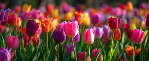 The vibrant field of tulips blooming in a colorful spring garden. photo