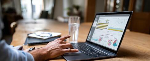 The laptop displaying analytical data on a modern wooden desk. photo
