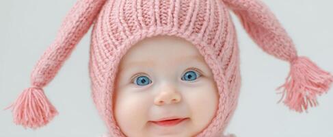 The adorable baby wearing a cute pink bunny hat with joyful expression. photo