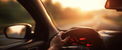 The experience of driving in a car during a beautiful sunset. photo