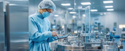 The scientist using a tablet in a modern pharmaceutical manufacturing facility. photo