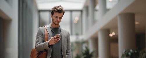 The young man checking his smartphone in a modern indoor environment. photo